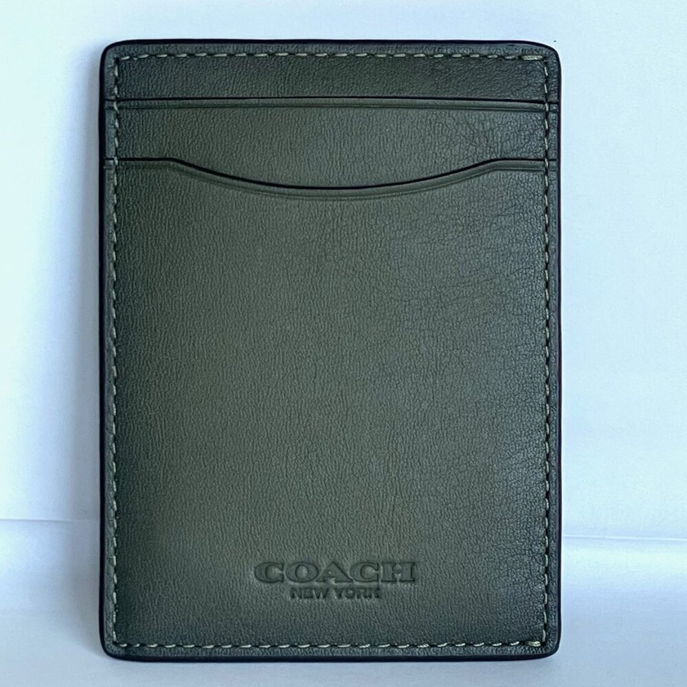Coach Money Clip Card Case Mens Army Green Leather C6702 Wallet Compact - Picture 9 of 9